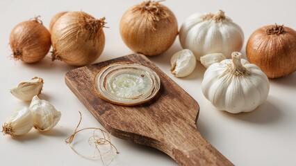 Various garlic bulbs and cloves arranged around a wooden cutting board with a sliced garlic on it.