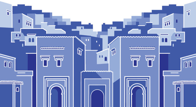 Vibrant Blue Cityscape Moroccan Architecture Minimalist Urban Illustration Design