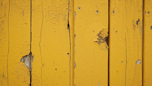 Yellow wooden panels with chipped and peeling paint, showing signs of wear and weathering.