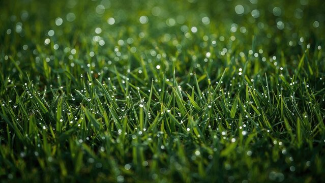 A close-up of green grass with dew droplets, fresh and lush. - Powered by Adobe