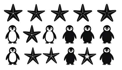 Simple black and white silhouettes of starfish and penguins
