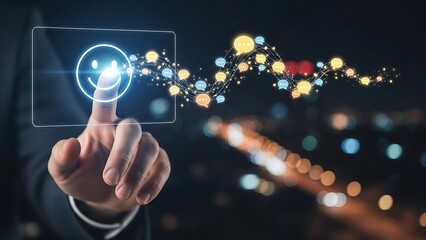 A futuristic hand interacting with a glowing digital interface in a dark ambient setting with colorful lights