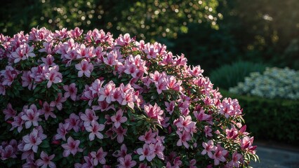 Obraz premium Pink azalea flowers in full bloom during daytime with sunlight, garden scene