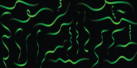 glowing green ribbon wave pattern on dark background creating abstract flowing line art design,
neon green curved ribbon shapes forming smooth fluid motion across deep black modern backdrop,
