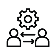 Vector illustration of two people exchanging information with a gear icon representing process or settings