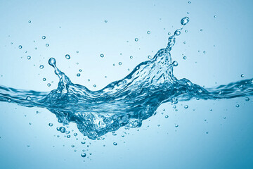 Clear water splash with droplets in motion on blue background