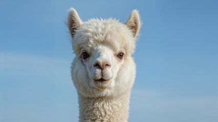 Fototapeta premium Close-up of a white alpaca's face with a blue sky background. Cute and fluffy animal showcasing its gentle expression.