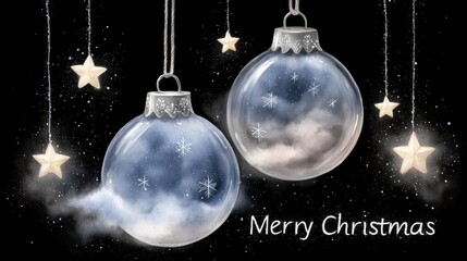 Christmas greeting design: hanging glass baubles with winter sky, snowflakes and silver accents, golden stars and "Merry Christmas" text on black background. Festive holiday decor