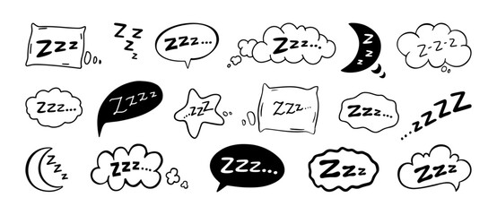 Sleep zzz icon. Snore bubble with cartoon cloud, line emoji for dreamy and relaxed vector set. Hand drawn bed and nap symbol for insomnia, bedtime app. Slumber, deep rest message