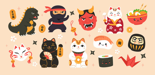 Japanese character icons. Ninja, monster and lucky cat, oni mask cartoon vector set. Cute ramen and sushi, daruma doll and kitsune. Asian culture travel design, kawaii figurine, fortune symbol