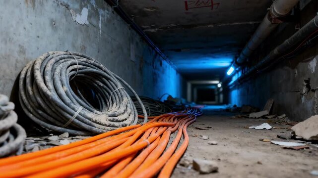 Medium shot of underground dark fiber infrastructure showcasing unused cables alongside active lines beneath a city street.
