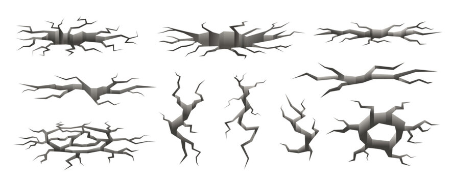 Ground crack and hole in floor texture. 3d fissure for concrete, ice or stone wall effect. Realistic earthquake damage and road split for destruction or desert concept. Vector isolated set