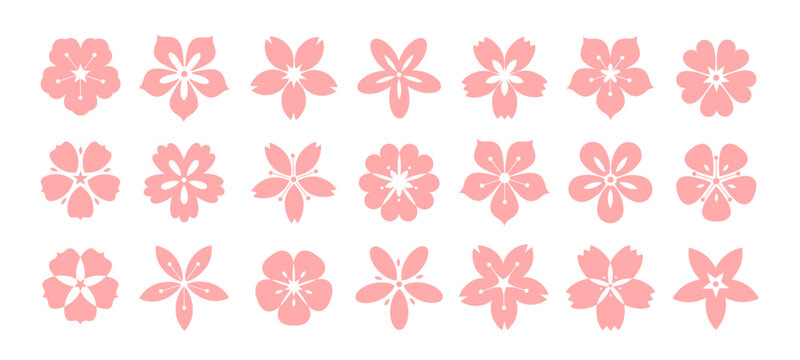 Sakura cherry flower with pink blossom, Japanese or Chinese floral icon for paint texture and spring decoration. Cute abstract flower silhouette and geometric logo graphic isolated vector elements