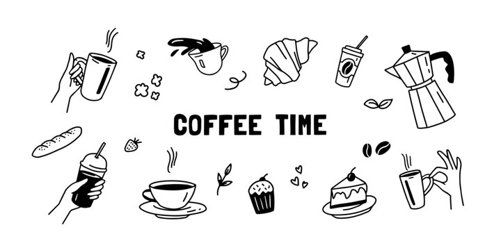 Coffee time doodle. Hand drawn coffee or beverage with cup and croissant, cake and latte. Coffee break line art poster. Morning concept, vintage decoration and bakery vector illustration