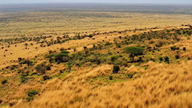 In this breathtaking video, witness the vast expanse of the African savanna, characterized by golden grasslands and scattered trees. Experience the beauty and tranquility of nature as wild animals roa