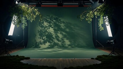 Empty stage with green screen and lush foliage for a theatrical or event production.