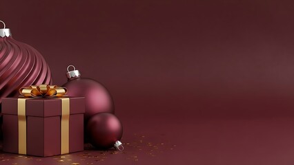 A festive arrangement featuring a burgundy gift box tied with a golden ribbon, surrounded by matching Christmas baubles and scattered star confetti