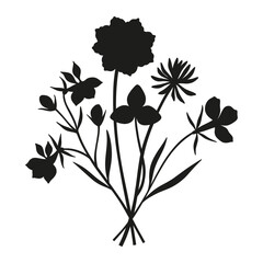 Wildflowers silhouette bouquet. Hand-drawn clover and exotic meadow flowers, herbs, and wild plants. Botanical elements for design projects. Minimal style, vector illustration