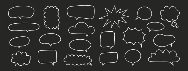 Crayon speech bubble set. Chat talk boxes. Line chalk hand drawn frames. Kid doodle style. Dialogue balloon cloud. Pencil drawing, white thought elements, black background. Vector illustration
