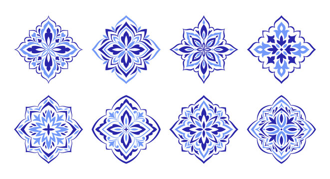Mediterranean blue motifs set. Floral ethnic patterns for tile design. Spanish, Portuguese, Sicilian, or Italian traditional ornaments. Vector illustration.
