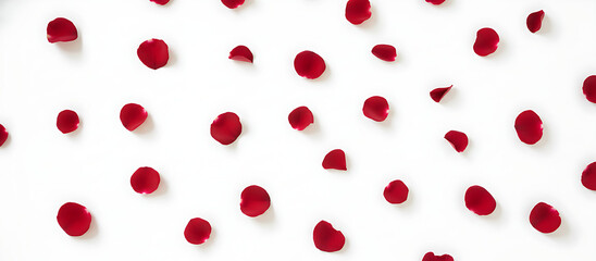 Red heart pattern made of rose petals and red fruits on a romantic strawberry background