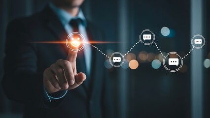 A businessman interacting with a futuristic digital network interface representing data security and technological innovation