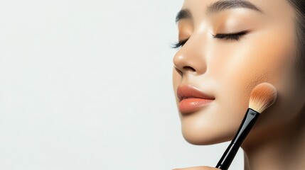 Makeup application process studio setting beauty tutorial minimalist environment close-up perspective self-care concept for radiant skin