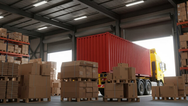 Yellow cargo truck with red shipping container inside a modern industrial warehouse. Stacks of cardboard boxes on pallets and shelves for global logistics.