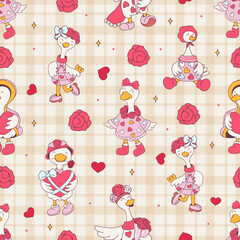 Seamless Pattern of Lovely Goose Romance filled with charming hearts and blooming roses. Vector illustration.