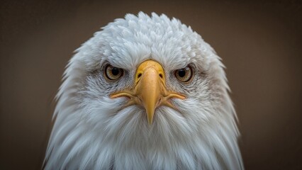 Obraz premium Close-up of an eagle's head with piercing eyes, yellow beak, and white feathers.