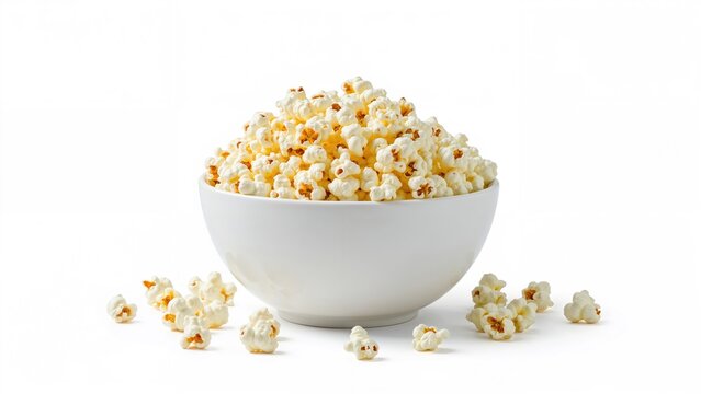 Bowl of popcorn with scattered popcorn pieces outside, close-up view.
