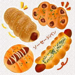 A set of sausage breads buns for bakery and cafe menu, with polkadot background