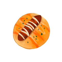 Sausage Bun oil pastel illustration without background for bakery purpose and bread breakfast menu