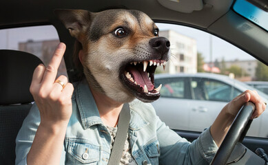 Conductrice &eacute;nerv&eacute;e avec un visage de chien enrag&eacute;, qui crie et fait un doigt d'honneur