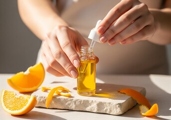 Hands using dropper with fresh orange essential oil 