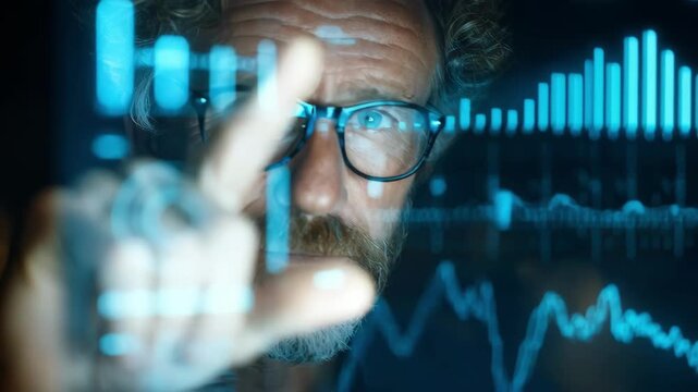 Medium shot of a financial expert presenting frontier market data on a digital screen emphasizing highrisk highreward opportunities.