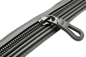 Macro shot of a black waterproof and airtight zipper pull isolated with transparent background