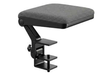Ergonomic clamp-on desk armrest with a padded cushion isolated with transparent background
