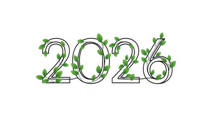 The year 2026 in bold font with green leaves growing around it on white