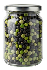 Glass storage jar full of mixed green and black dried beans isolated with transparent background