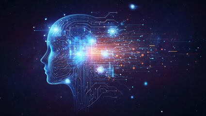 Abstract digital human head with glowing data streams flowing outwards representing artificial intelligence and technology