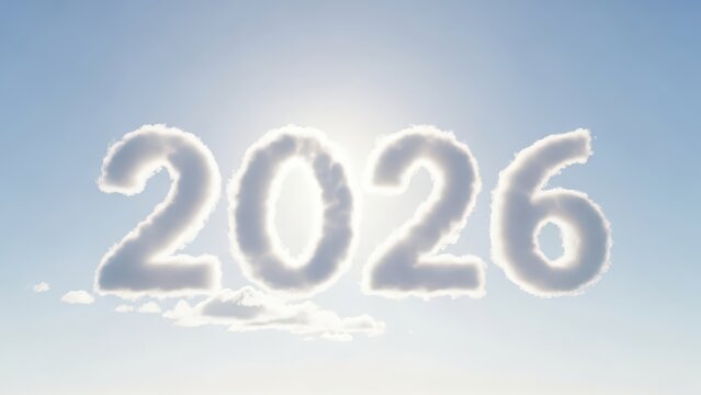 The year 2026 written in clouds against a sunny blue sky background