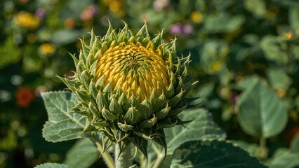 A sunflower bud with green leaves and a yellow bloom beginning to open in a garden setting.