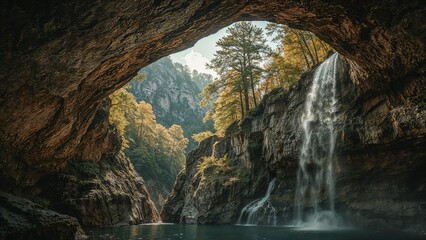 A cave opening revealing a waterfall, with lush trees and mountains in the background. Nature scene, landscape and waterfall. The connection between rock formations and flowing water.