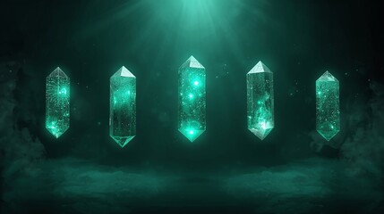 Mystic green crystals glowing in cinematic fog