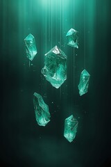 Levitating emerald crystals suspended in a mystical green mist