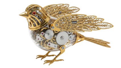 Intricate Luxury Gold Mechanical Bird Automaton with Visible Gears and Red Jewels isolated PNG with Transparent Background