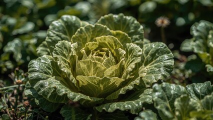 Obraz premium Healthy green cabbage plant with large leaves growing outdoors in a garden setting.