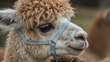 Fototapeta premium Close-up of a baby alpaca wearing a harness, showing its fluffy fur and gentle expression in an outdoor setting.