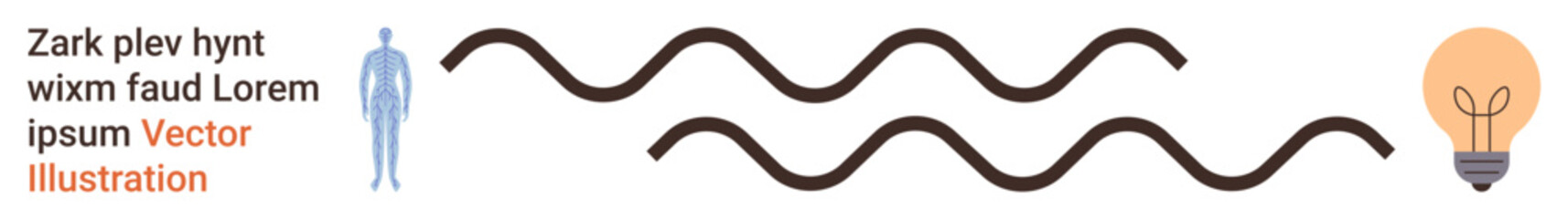 Creativity, innovation, idea generation, communication, problem solving, design thinking. Human figure, wavy lines and a light bulb . Creativity and innovation concept